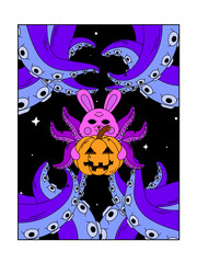 Psychedelic Halloween poster. A bunny with octopus tentacles holds a pumpkin. Surrealism.