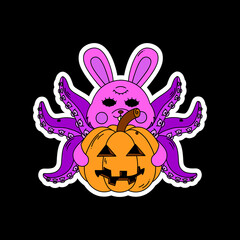 A bunny with octopus tentacles holds a pumpkin. Surrealism.