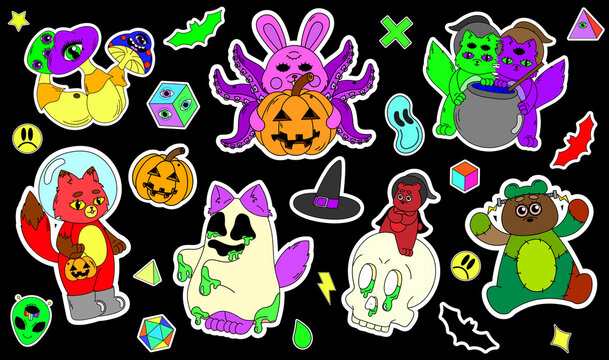 A set of psychedelic Halloween stickers. A bunny with tentacles, a fox in a spacesuit, green goo, a Frankenstein bear. Surrealism.