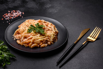 Tasty appetizing classic italian pasta with tomato sauce and cheese on plate on dark background