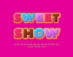 Vector delicious sign Sweet Show. Tasty Donut Font. Colorful Glazed Alphabet Letters and Numbers set