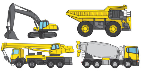 Obraz na płótnie Canvas Big set of construction equipment. Special machines for construction work. Loaders, cranes, excavators, bulldozers, trucks. Special equipment. Road repair. Construction. Commercial vehicles.