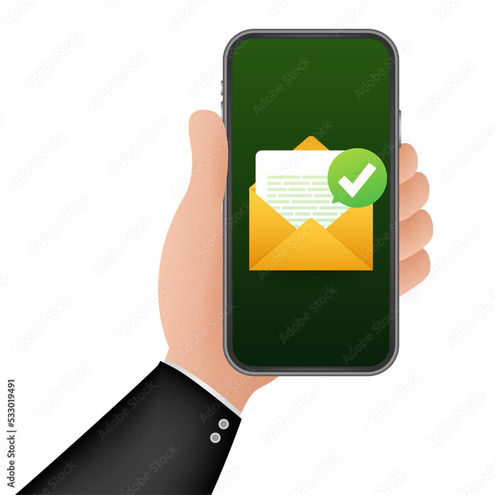 Poster opened envelope and document with green check mark. verification email. illustration