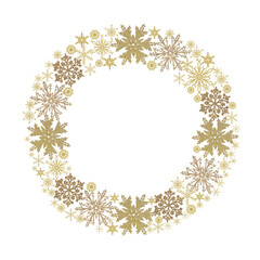 Golden snowflakes of different sizes isolated on white background. Christmas round element. Winter design element. Christmas frame