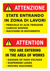 ATTENZIONE State entrando in zona di lavori, cartello, edilizia, cantiere, lavori, strada, avviso, segnaletica, ponteggi, edifici, aziende, cantieri, città, palazzi, opere murarie, architettura