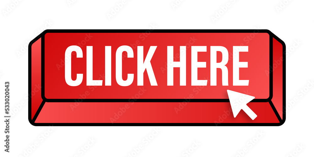 Poster click here button with hand pointer clicking. stock illustration