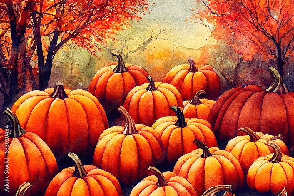 Canvas Prints Watercolor autumn pumpkin composition, perfect to use on the web or in print , anime style