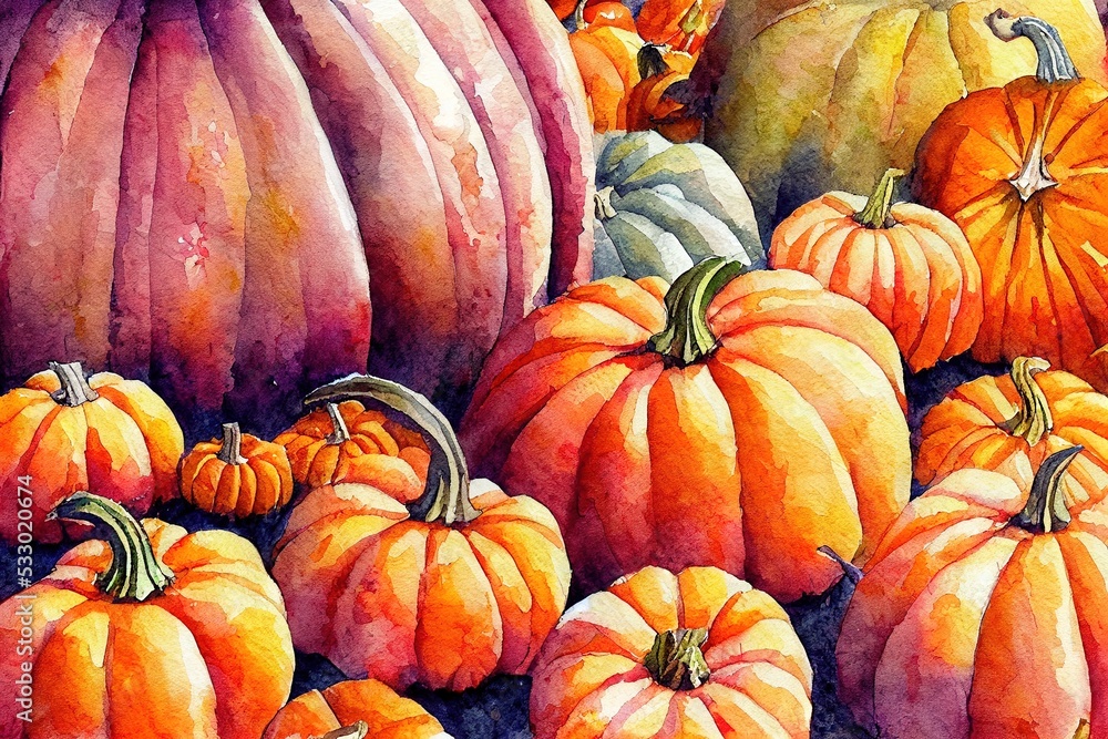 Wall mural Watercolor autumn pumpkin composition, perfect to use on the web or in print , anime style