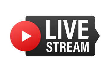 Live stream flat logo - red  design element with play button.  illustration.