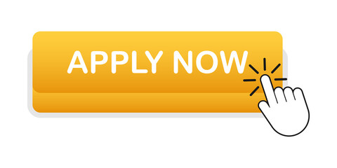Apply now. Web banner. Arrow, cursor icon. Arrow  icon. Hand click.  stock illustration