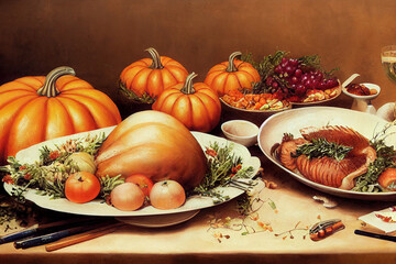 Composition with tasty food for Thanksgiving day on table , anime style