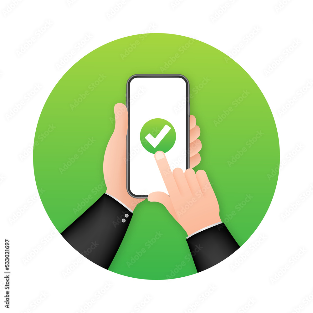 Poster hands holding smartphones with checkmarks set. tick and cross check marks. stock illustration