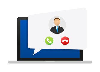 Incoming video call on laptop. Laptop with incoming call, man profile picture and accept decline buttons.  stock illustration