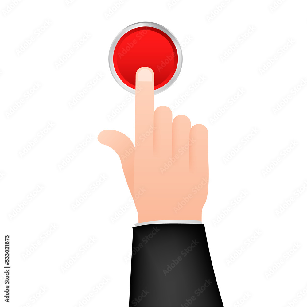 Poster flat button hand for web design. push touch screen. click button. stock illustration