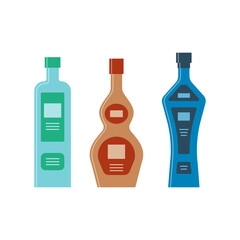 Set bottles of gin balsam vodka. Icon bottle with cap and label. Great design for any purposes. Flat style. Color form. Party drink concept. Simple image shape