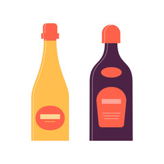 Bottle of champagne and liquor. Great design for any purposes. Icon bottle with cap and label. Flat style. Color form. Party drink concept. Simple image shape