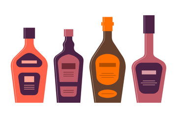 Set bottles of liquor, rum, whiskey, balsam great design for any purposes. Icon bottle with cap and label. Flat style. Color form. Party drink concept. Simple image shape