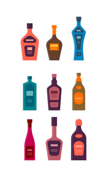 Set bottles of tequila rum gin schnapps liquor whiskey wine cream rum. Icon bottle with cap and label. Graphic design for any purposes. Flat style. Color form. Party drink concept. Simple image shape
