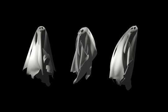 Halloween background. Set of ghosts isolated on black background. 3D render illustration. 
