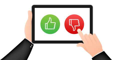 Rating of mobile app. Human hands are holding. Tablet with Yes and No buttons.  stock illustration