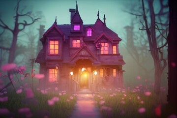 A 3D generated adorable haunted house generated by AI for a kid-friendly Halloween - obrazy, fototapety, plakaty