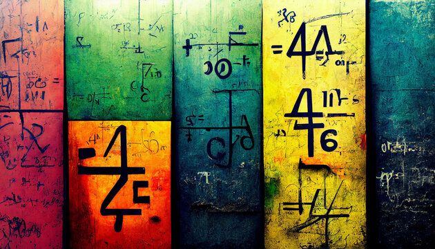 Mathematical Formulas Illustration on Colorful Grunge Wall Background, Math and complex Algorithm Concept
