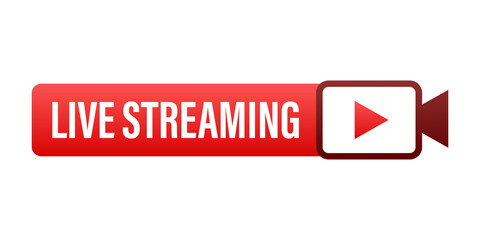 Live streaming flat logo - red  design element with play button.  illustration.