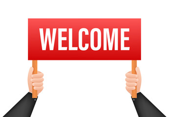 Cartoon poster on welcome text with hand holding placard for banner design. Banner, Billboard design.  stock illustration