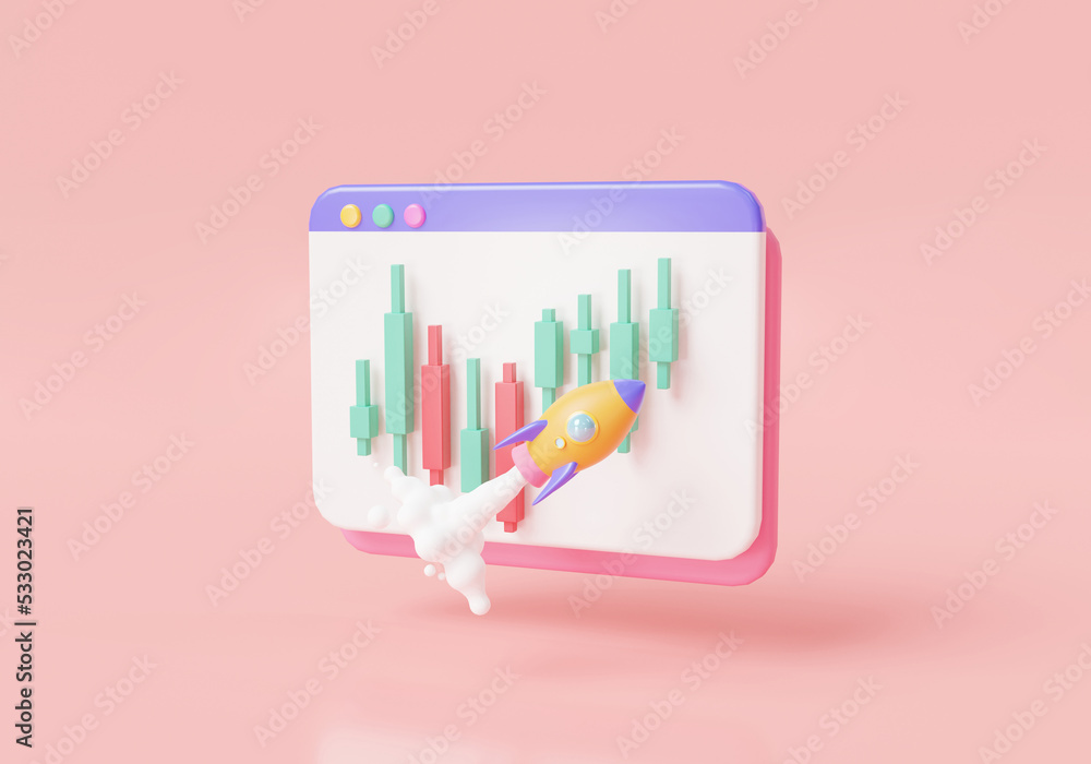 Poster 3d rocket rising moving up icon with spewing smoke with graph chart on web browser. spaceship rocket
