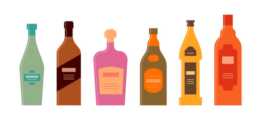 Set bottles of vermouth balsam liquor whiskey beer brandy. Icon bottle with cap and label. Graphic design for any purposes. Flat style. Color form. Party drink concept. Simple image shape
