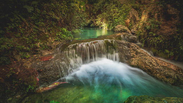 Small waterfall in Charco Pataco, a natural environment of great beauty in Letur, in Albacete, Castilla La Mancha, Spain