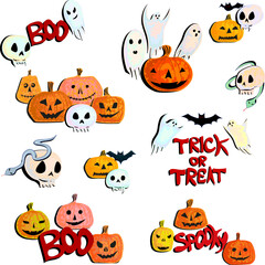 Fototapeta premium Set of Halloween Designs with Pumpkins, Skulls and Ghosts