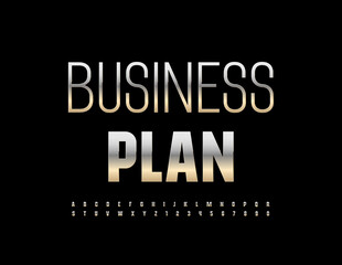 Vector metallic logo Business Plan. Trendy Silver Font. Steel Alphabet Letters and Numbers.