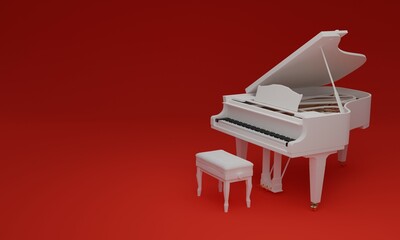 3d illustration, classic piano, red background, copy space, 3d rendering.