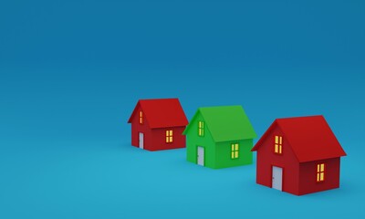 3d illustration, image of three original houses, blue background, copy space, 3d rendering.