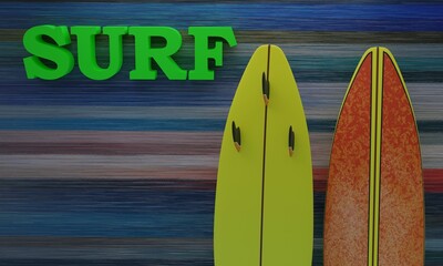3d illustration, surfboards, beautiful colorful background, 3d rendering,