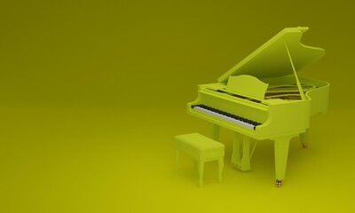 3d illustration, classic piano, yellow background, copy space, 3d rendering.