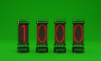 3d illustration, four vintage valves, with obsolete technology concept, numbers, placed forming the number 1000, green background, 3d rendering.