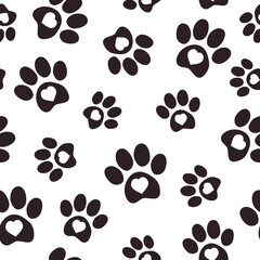 Pet paw seamless pattern.Vector illustration with paw and hearts on white background. It can be used for wallpapers, wrapping, cards, patterns for clothes and other.