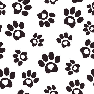 Pet paw seamless pattern.Vector illustration with paw and hearts on white background. It can be used for wallpapers, wrapping, cards, patterns for clothes and other.