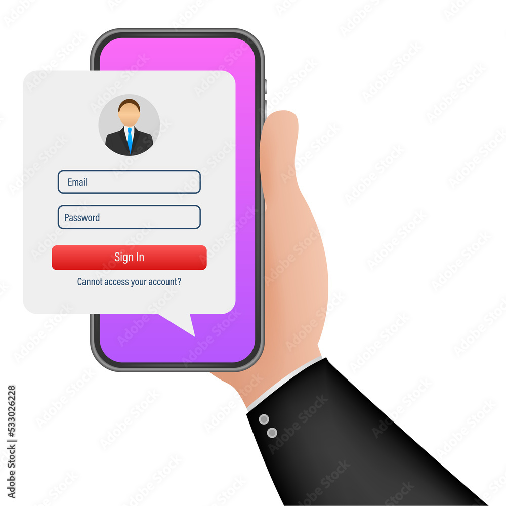 Poster sign in to account, user authorization, login authentication page concept. smartphone with login and