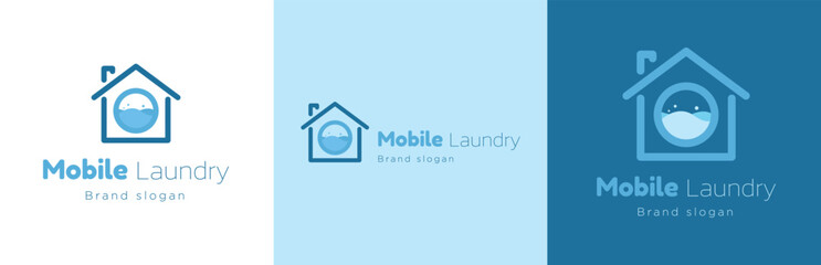 Laundry business logo design set, clothing washing service symbol, mobile wash machine emblem concept, textile cleaning store editable commercial logotype, isolated on background
