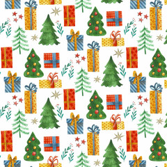 Watercolor pattern, Christmas illustration with gifts