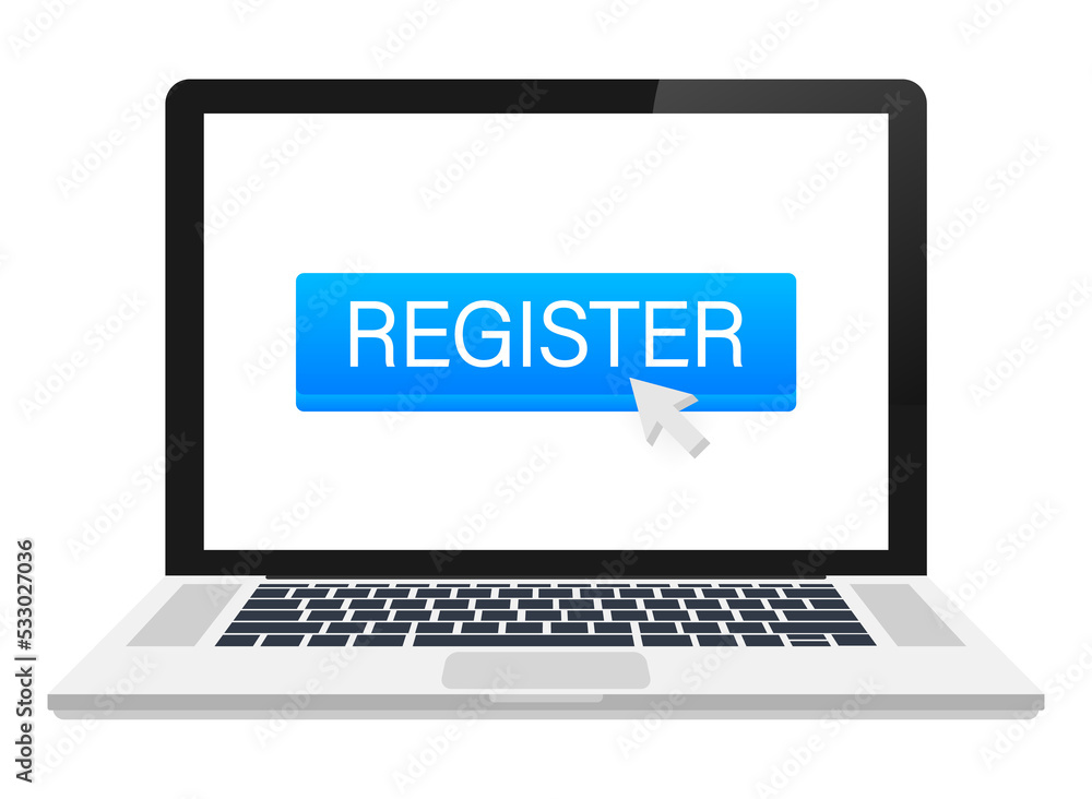 Poster register now with cursor button. internet icon. pointer click icon. stock illustration.