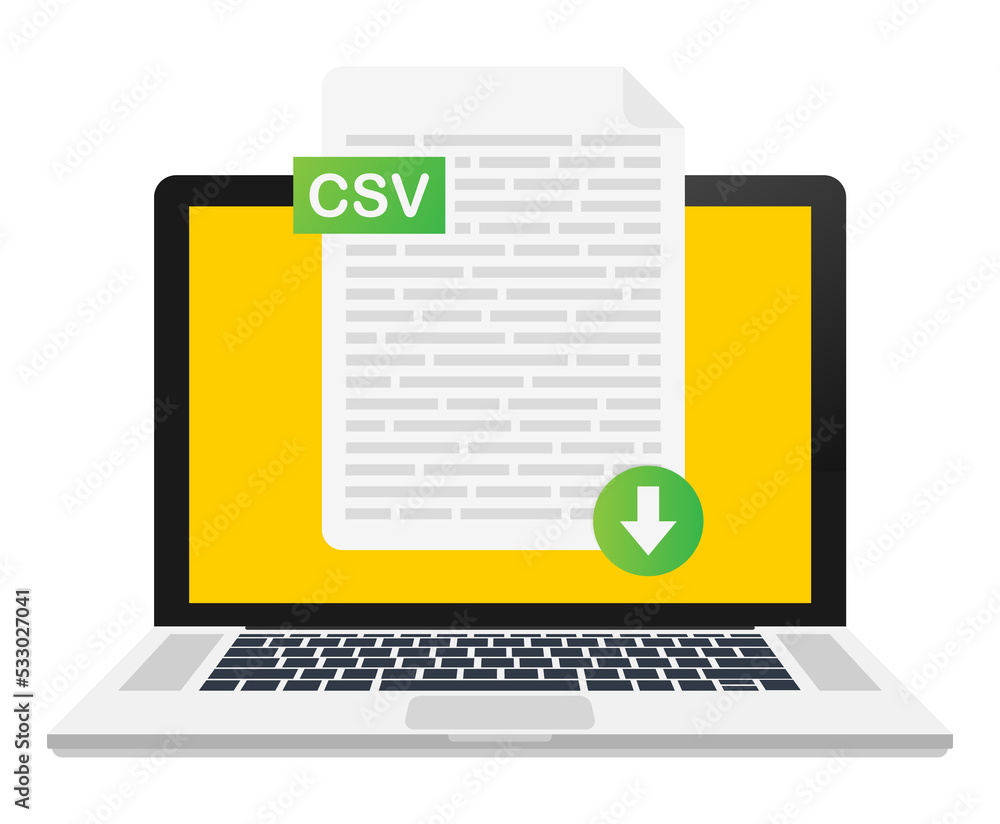Poster download csv button on laptop screen. downloading document concept. file with csv label and down arr