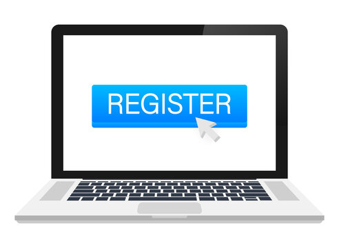 Register now with cursor button. Internet icon. Pointer click icon.  stock illustration.