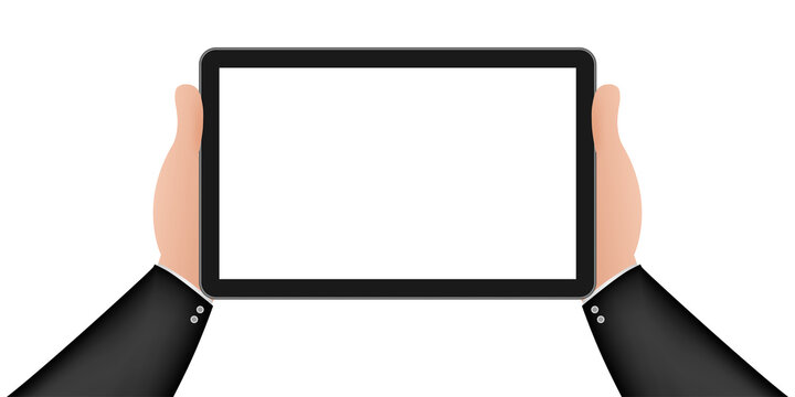 Hand on tablet in cartoon style. Using digital tablet pc.  stock illustration.