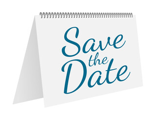 Save the date on calendar. Badge, label. Flat  stock illustrations on blue background.