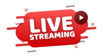Live streaming flat logo - red  design element with play button.  illustration