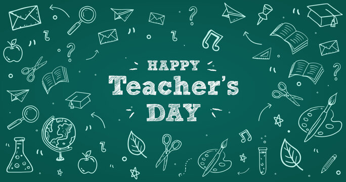 Happy Teacher's day. Educational Doodle background on green board